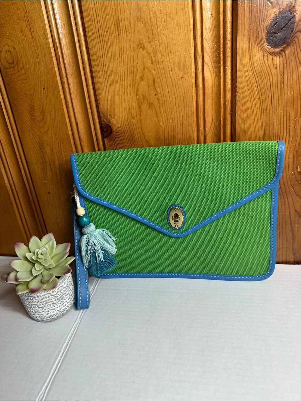 Fossil Green Canvas Wristlet Clutch with Blue Trim